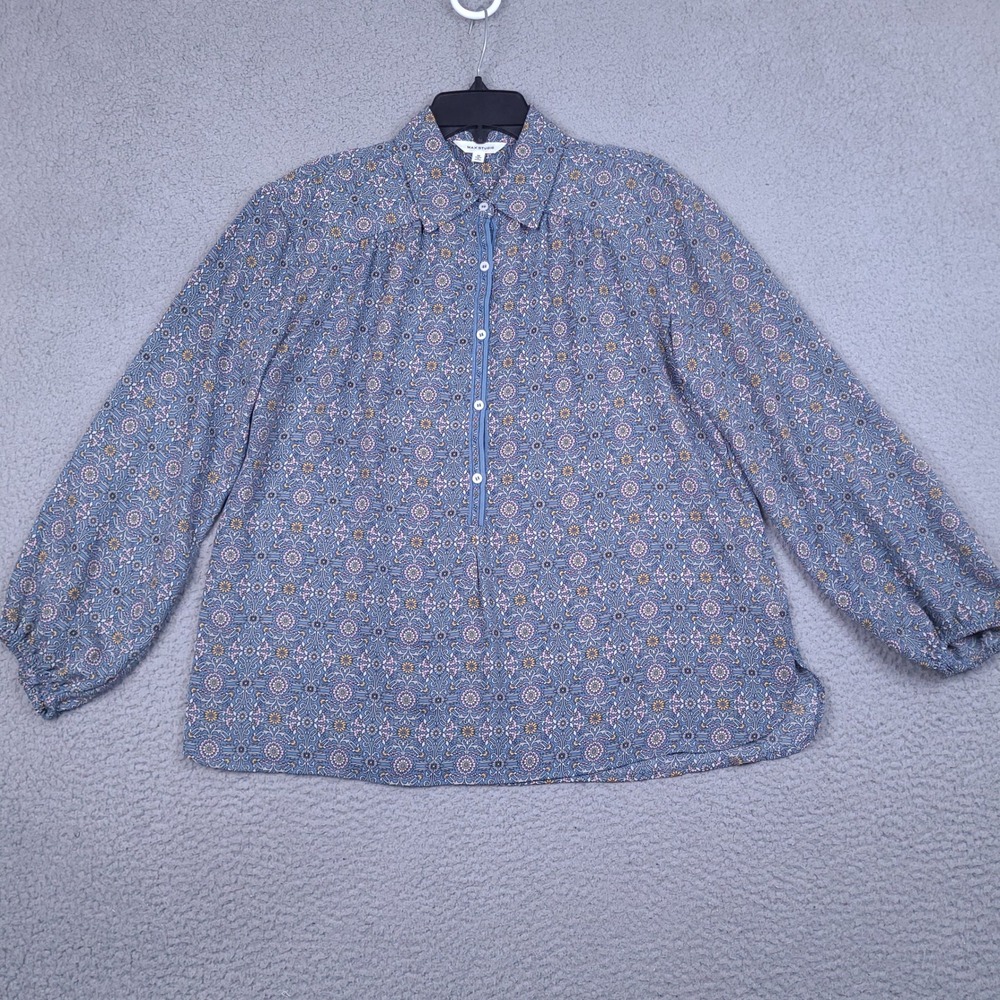 Max Studio Blouse Womens Medium Blue Floral Medallion Half Button Up Pullover
